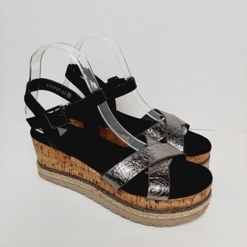 LORA FERRES Patform Wedge Sandals Strappy Black & Silver Sz Eur 38 | US 8 - Picture 2 of 12
